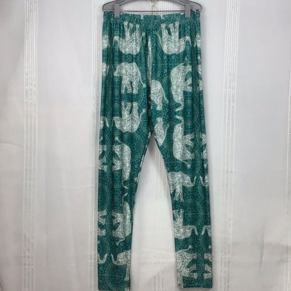 🐘 LILY by Firmiana Teal White Graphic Elephants Design Leggings Sz. L/XL NWOT - Picture 7 of 7